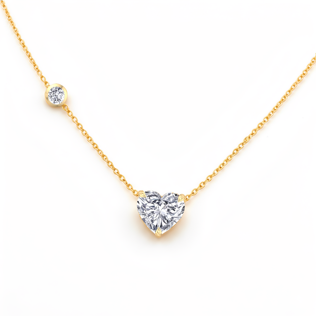 YG Heart Shape With Round Side Stone Lab Grown Diamond Pendant front view