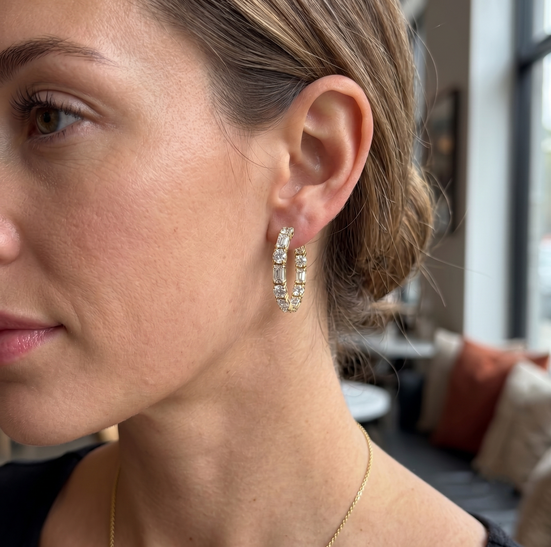 Emerald Cut and Round Alternating Natural Diamond Hoop Earrings YG lifestyle