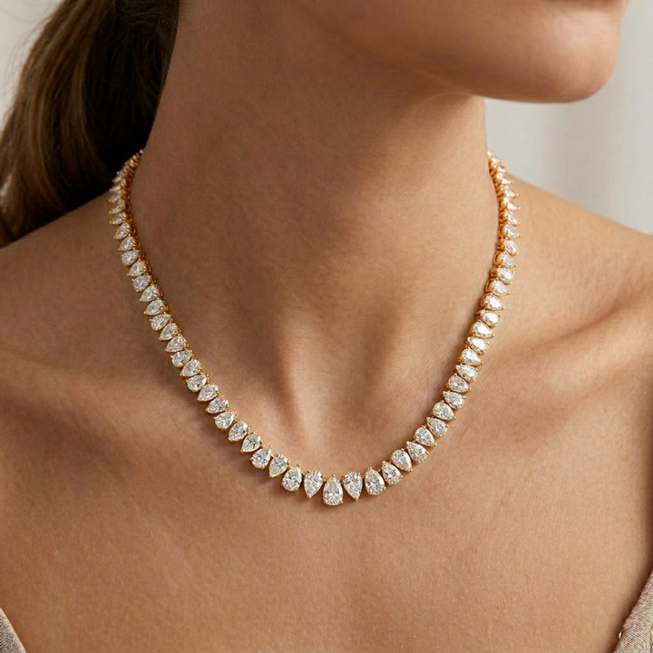 North-South Pear Shape Lab Grown Diamond Tennis Necklace Yellow Gold