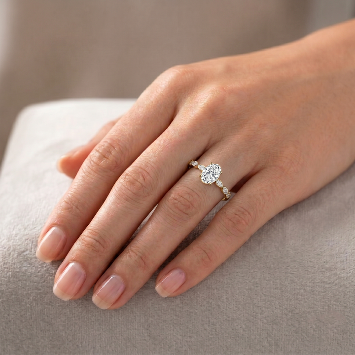 Oval Cut Lab-Grown Diamond Engagement Ring with Marquise Accent Lifestyle YG