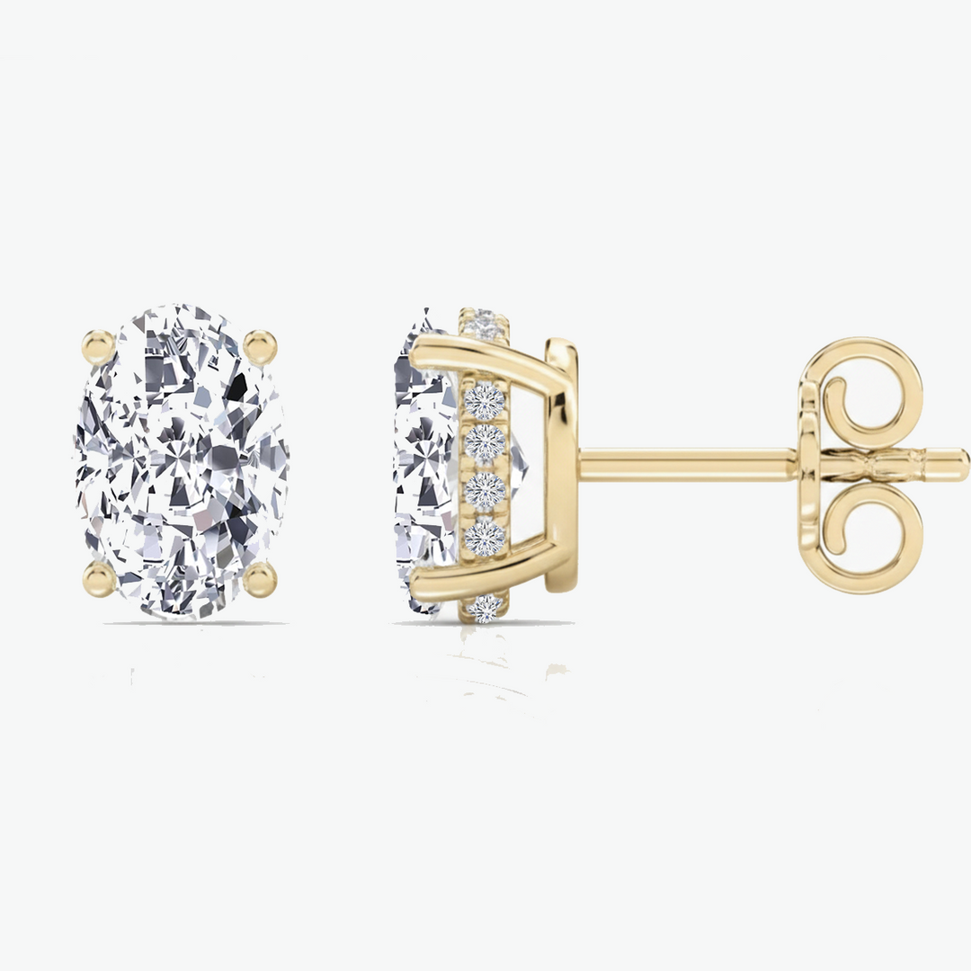 YG Oval Cut Lab Grown Diamond Studs with Invisible Halo Side and Front view