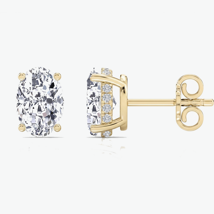 YG Oval Cut Lab Grown Diamond Studs with Invisible Halo Side and Front view