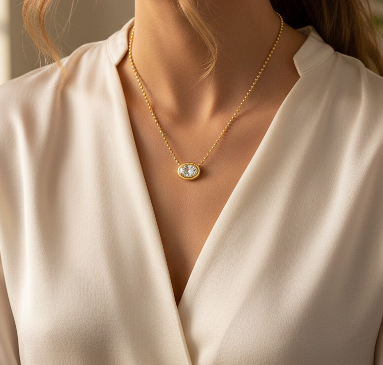 Oval Shape Bezel Set in Ball Chain Lab Grown Diamond Pendant lifestyle image