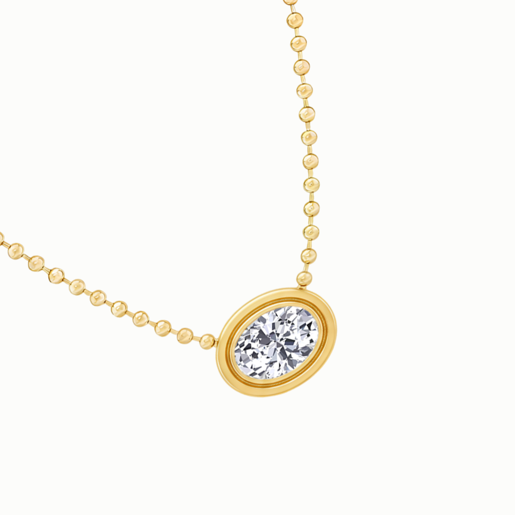 Oval Shape Bezel Set in Ball Chain Lab Grown Diamond Pendant slant view