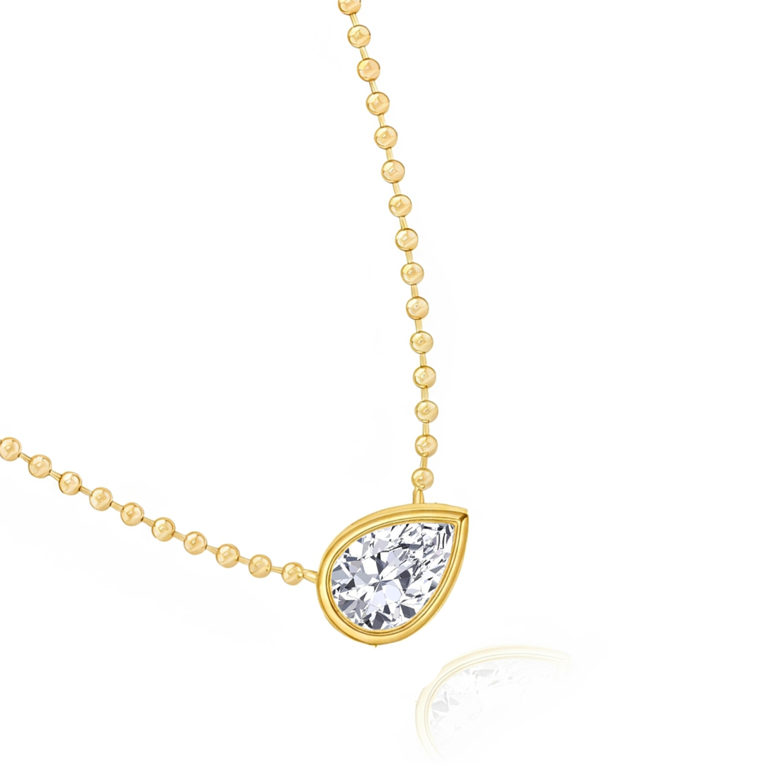 Pear Shape Bezel Set in Ball Chain Lab Grown Diamond Pendant slant view