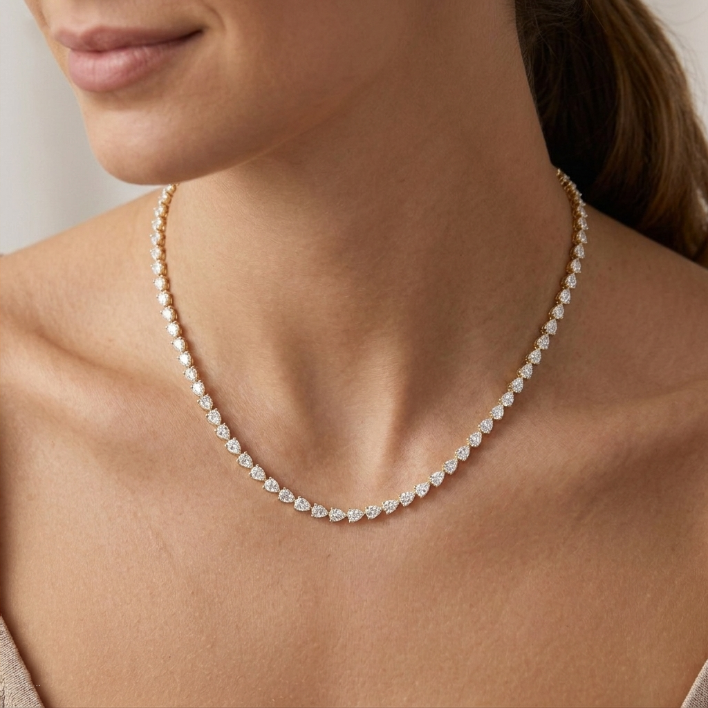 East-West Pear Shape Lab Grown Diamond Tennis Necklace Yellow Gold