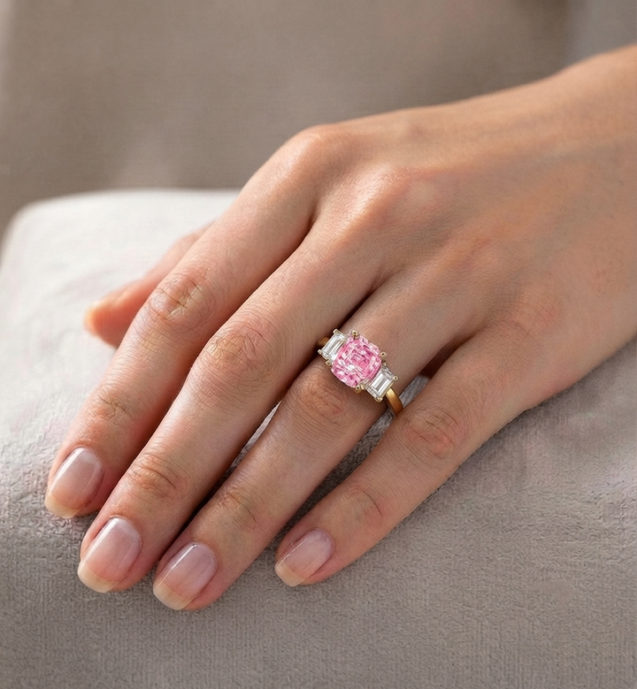 Fancy Pink Cushion Cut Lab Grown Diamond Engagement Ring with Trapezoid Sidestones