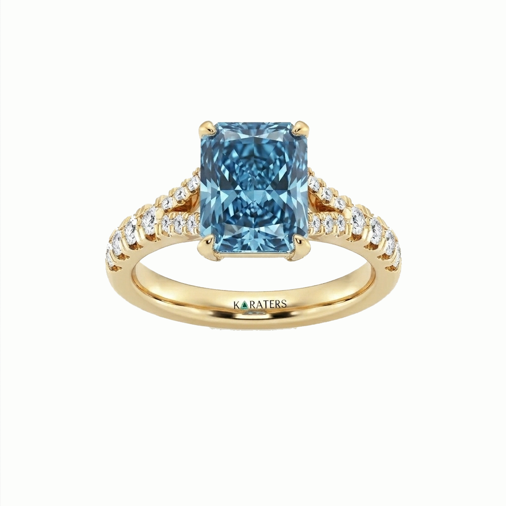 Fancy Blue Radiant Cut Lab Grown Diamond Split Shank Engagement Ring Yellow Gold 18K