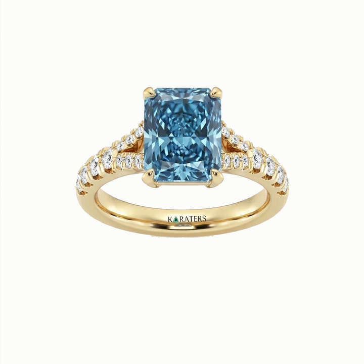 Fancy Blue Radiant Cut Lab Grown Diamond Split Shank Engagement Ring Yellow Gold 18K