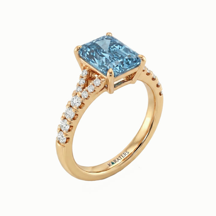 Fancy Blue Radiant Cut Lab Grown Diamond Split Shank Engagement Ring Yellow Gold 14K
