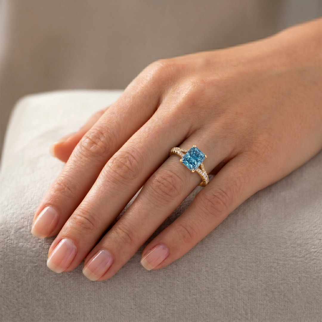 Fancy Blue Radiant Cut Lab Grown Diamond Split Shank Engagement Ring Yellow Gold