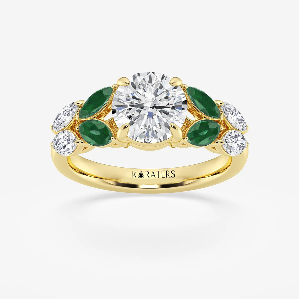YG Round Lab Grown Diamond with Marquise Green Emerald Side Stone Ring top view