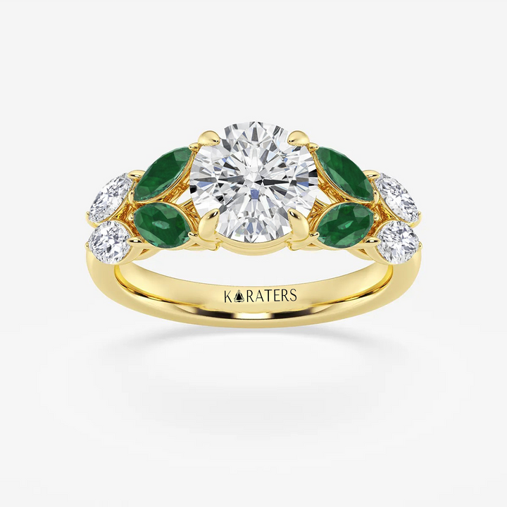 YG Round Lab Grown Diamond with Marquise Green Emerald Side Stone Ring top view