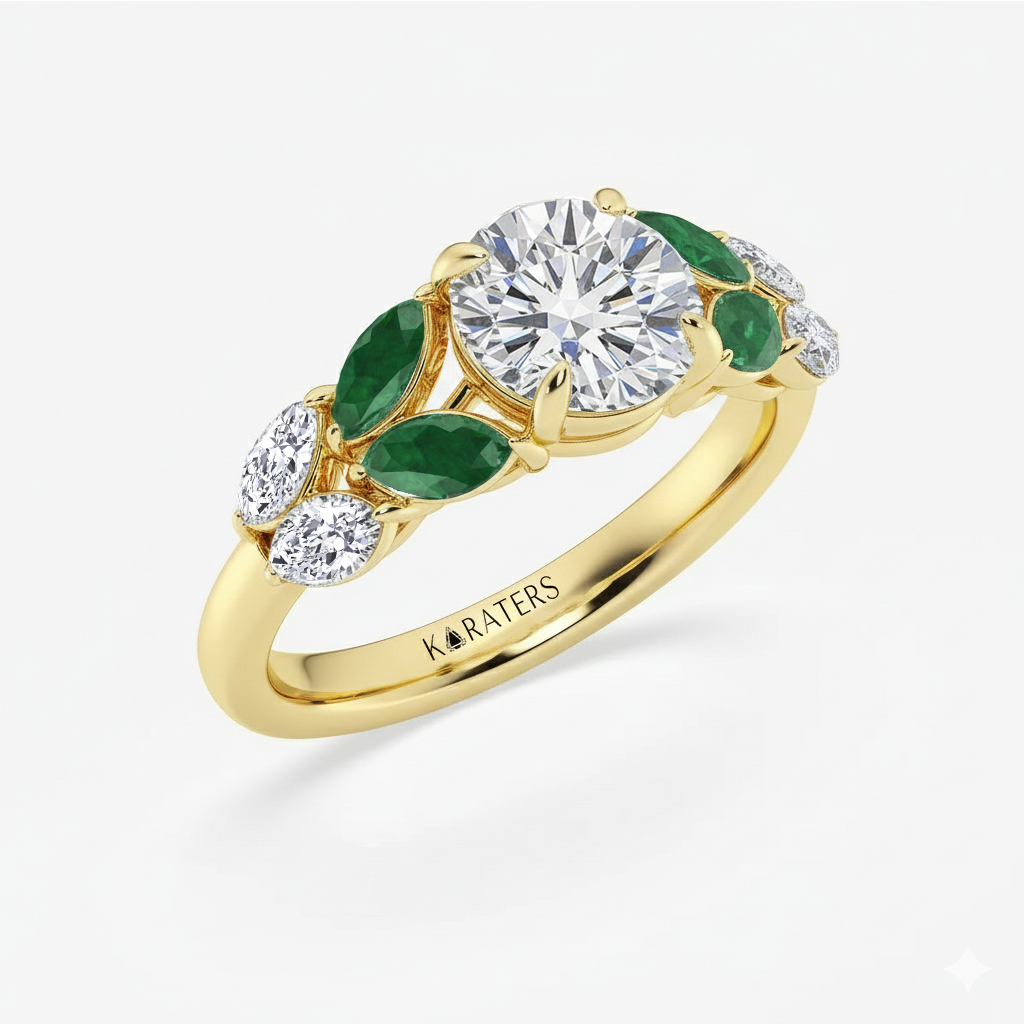 YG Round Lab Grown Diamond with Marquise Green Emerald Side Stone Ring side view