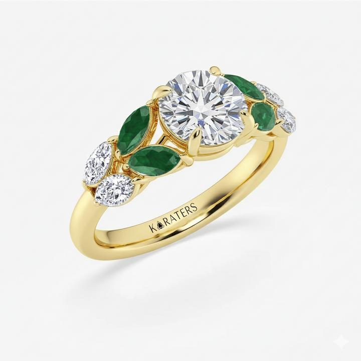 YG Round Lab Grown Diamond with Marquise Green Emerald Side Stone Ring side view