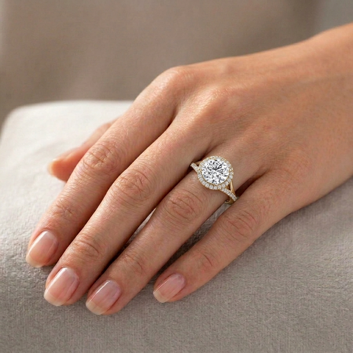 Round Cut Halo Lab Grown Diamond Engagement Ring With Twist Band