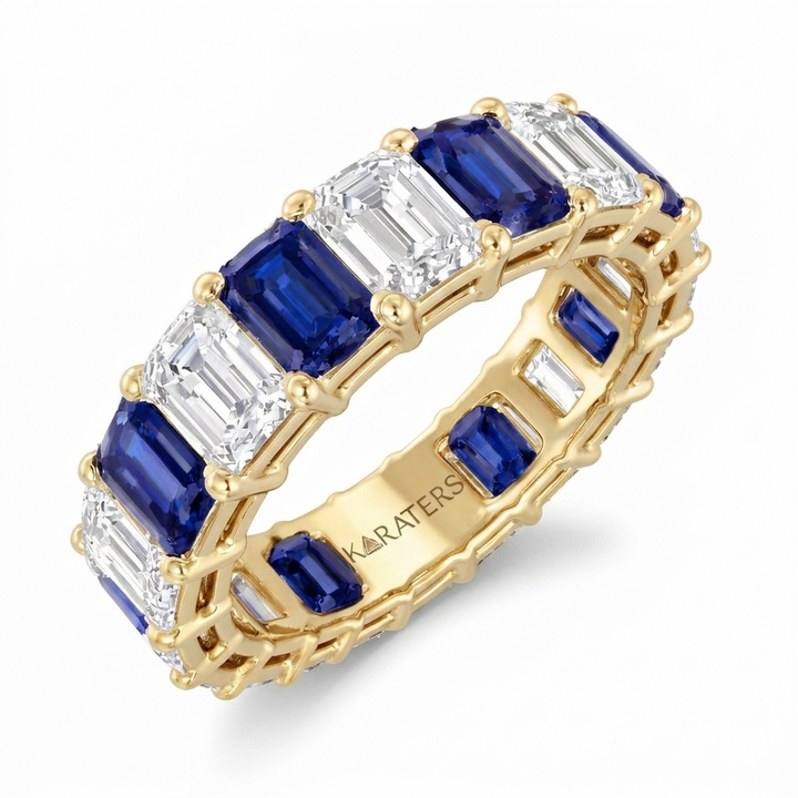 Alternating Emerald Shape Lab Grown Blue Sapphire and Diamonds Eternity Band Yellow Gold 18K