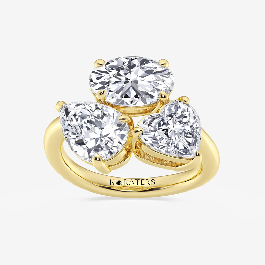 YG Three Stone Round, Pear & Heart Lab Grown Diamond top view