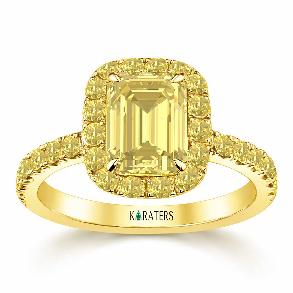 Fancy Yellow Emerald Cut Lab Grown Diamond Halo Pave Ring YG 2