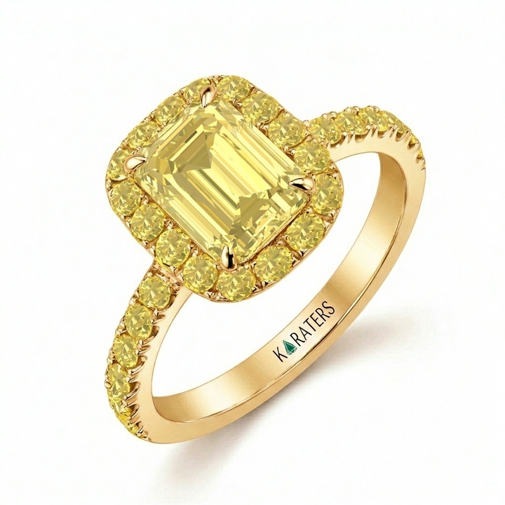 Fancy Yellow Emerald Cut Lab Grown Diamond Halo Pave Ring YG