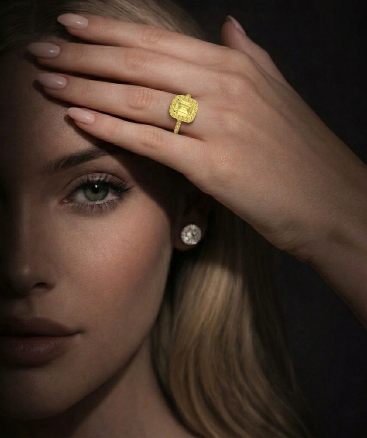 Fancy Yellow Emerald Cut Lab Grown Diamond Halo Pave Ring YG lifestyle