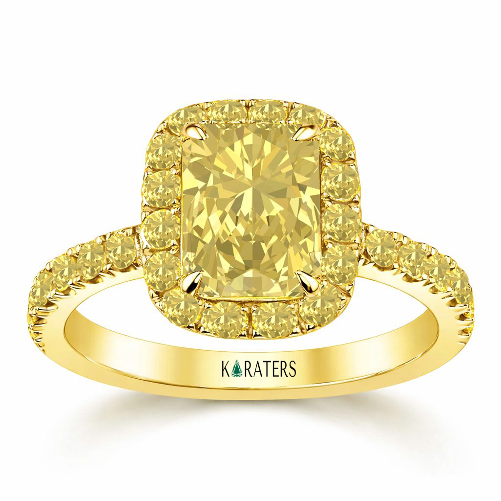 Fancy Yellow Radiant Cut Lab Grown Diamond Halo Pave Ring YG 2