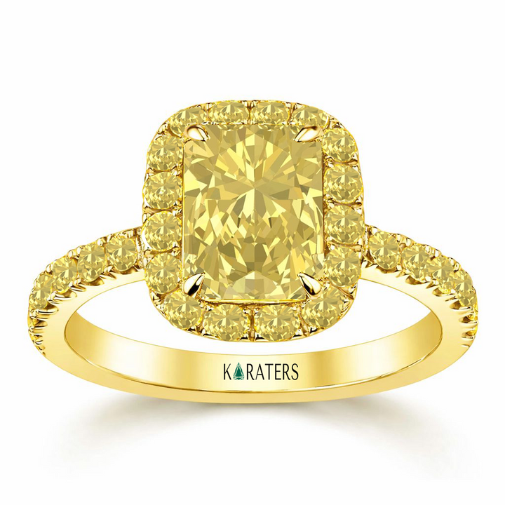 Fancy Yellow Radiant Cut Lab Grown Diamond Halo Pave Ring YG 2
