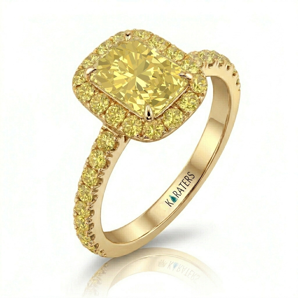 Fancy Yellow Radiant Cut Lab Grown Diamond Halo Pave Ring YG