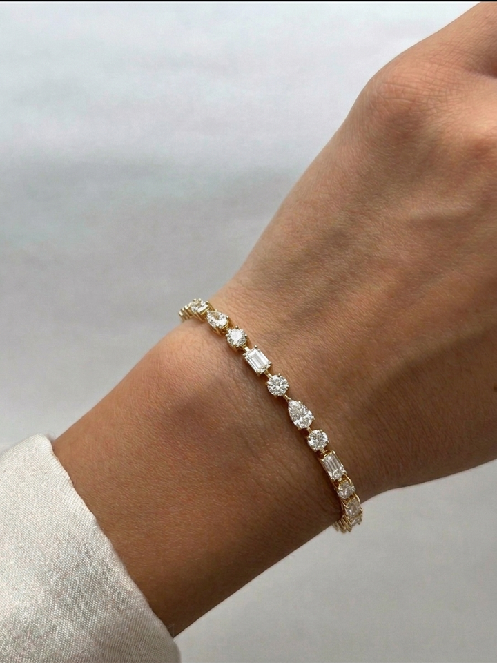 Multi Shape Lab Grown Diamond Tennis Bracelet 14K Solid Gold (Round, Pear & Emerald)