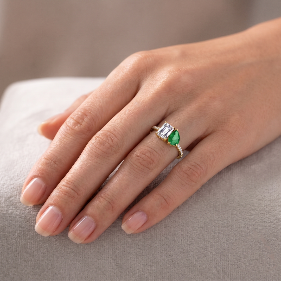 Toi Et Moi Emerald & Green Pear Shape Lab Grown Diamond Engagement Ring With Pave Band