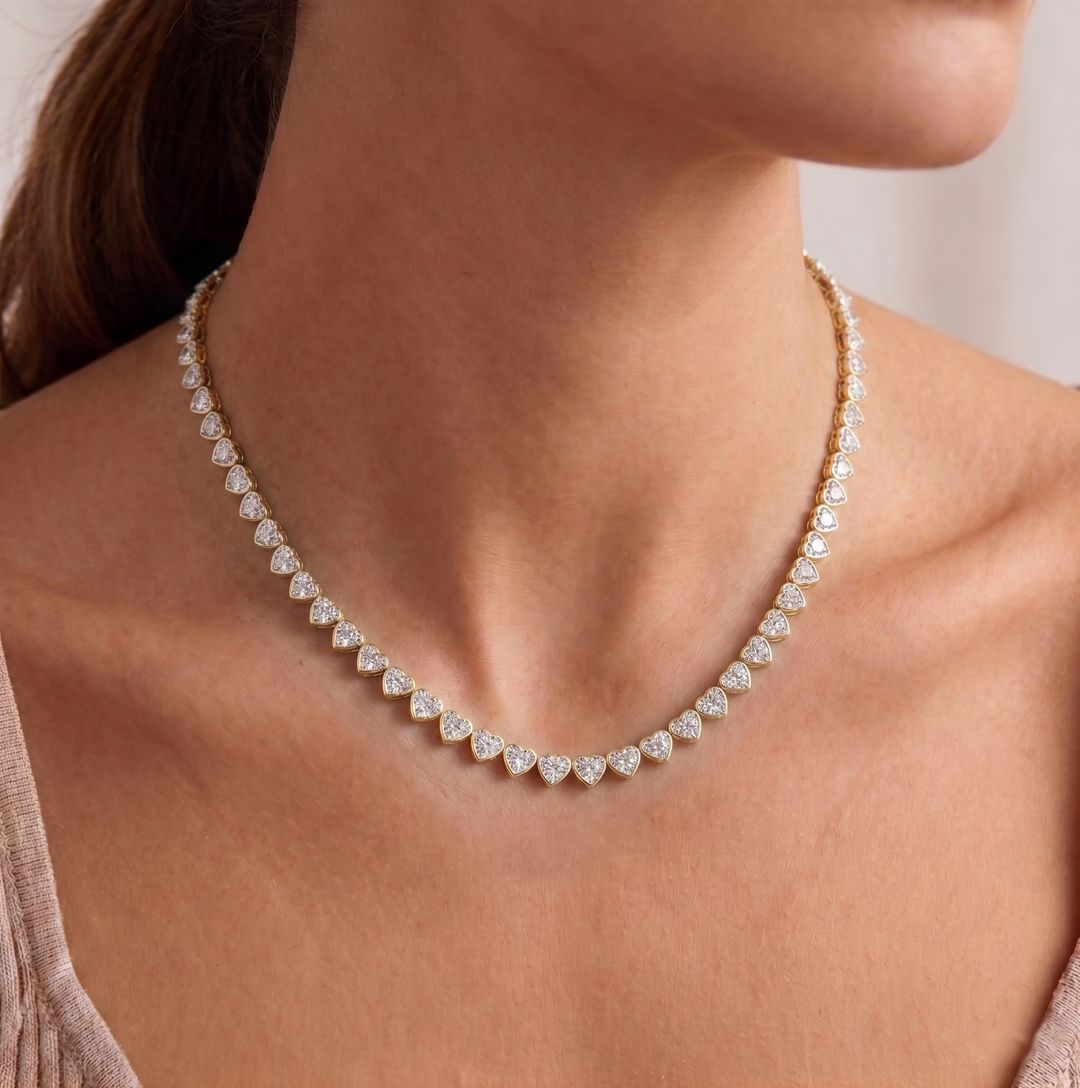 Heart Shape Bezel Set Lab Grown Diamond Tennis Necklace 18K Solid Gold