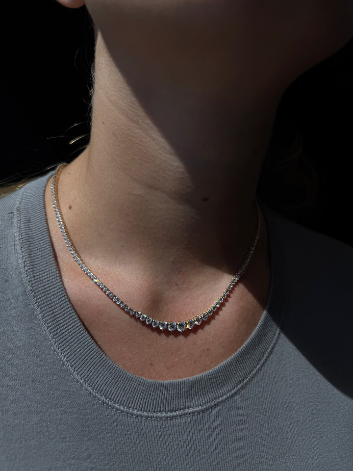 Riviera Graduated Style Lab Diamond Tennis Necklace 18K Gold, On Neck