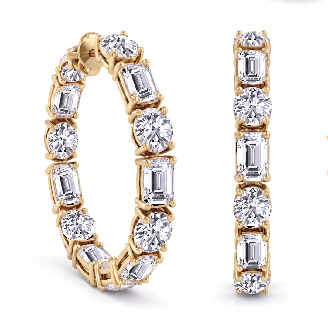 Emerald Cut and Round Alternating Natural Diamond Hoop Earrings YG