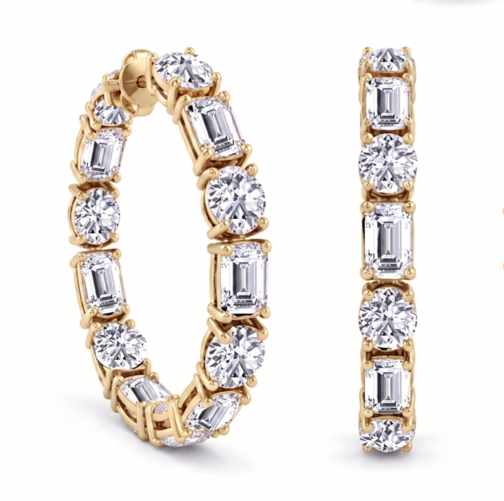 Emerald Cut and Round Alternating Natural Diamond Hoop Earrings YG