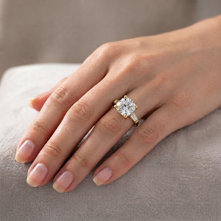 Cushion Cut Lab Grown Diamond with Side Accents Engagement Ring