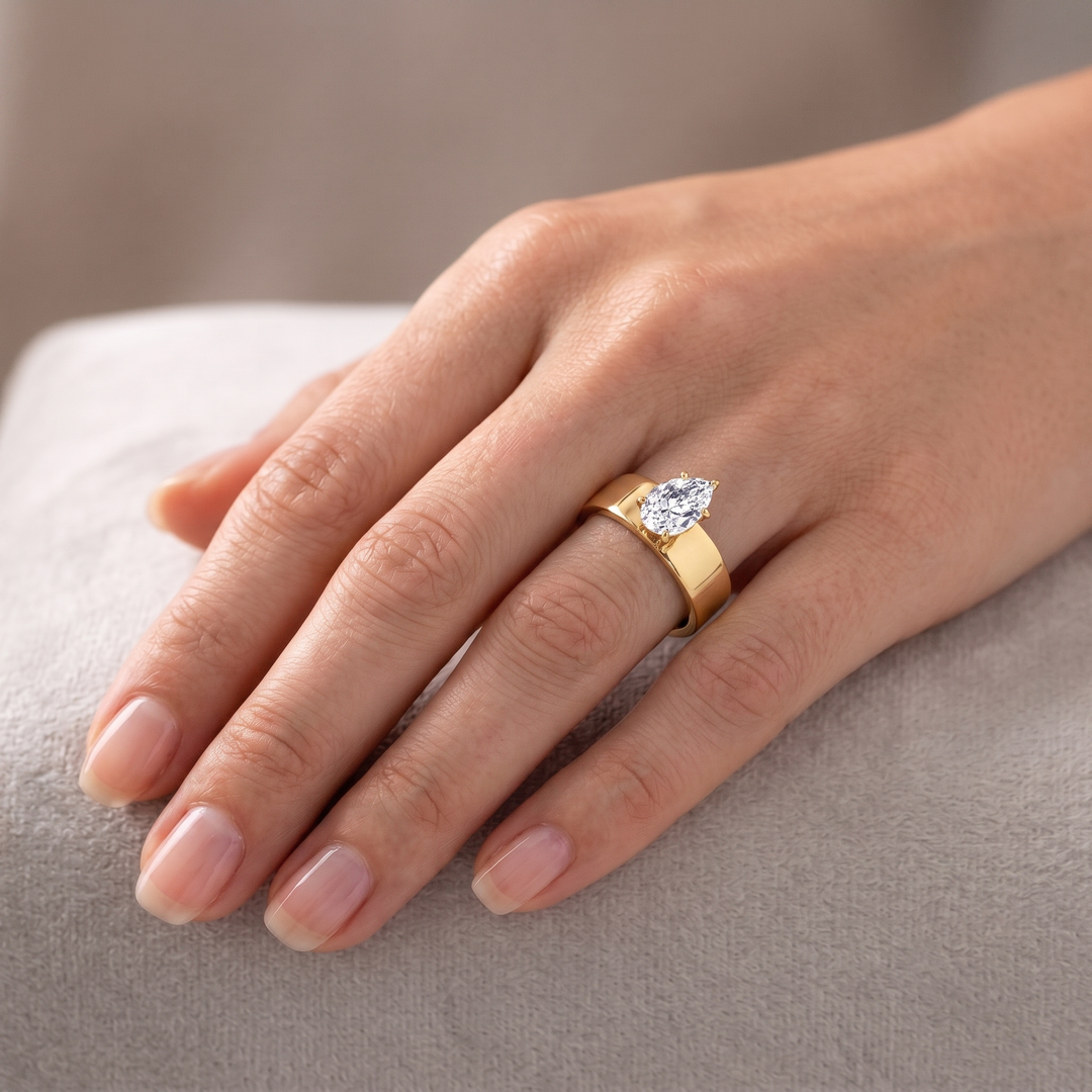 Pear Shaped Lab Grown Diamond Engagement Ring with Wide Band