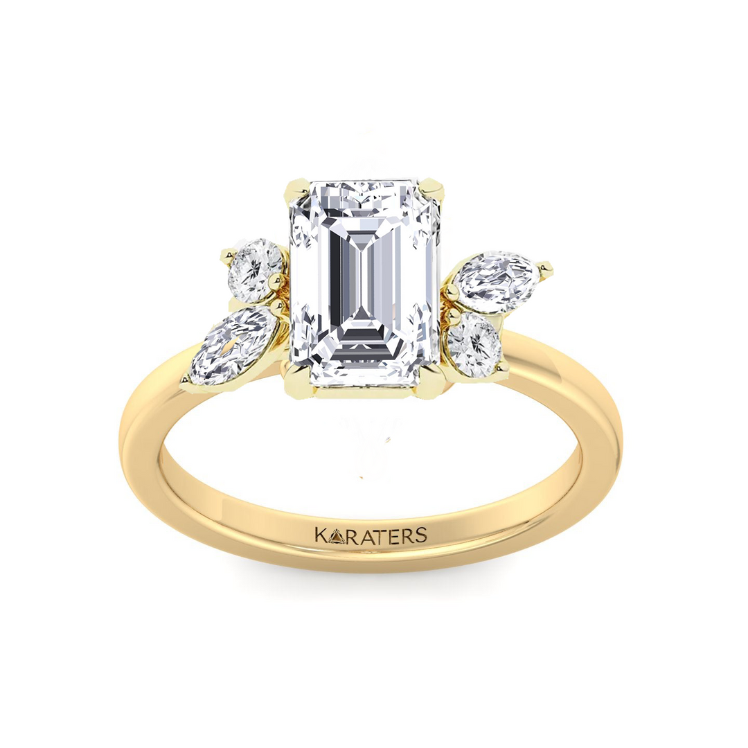 Yellow Gold Emerald with Marquise and Round stone front view