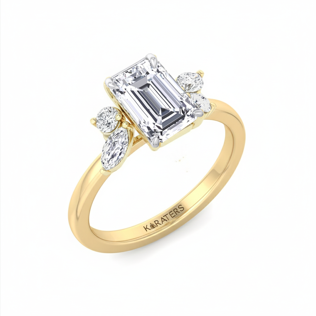 Yellow Gold Emerald with Marquise and Round stone side view