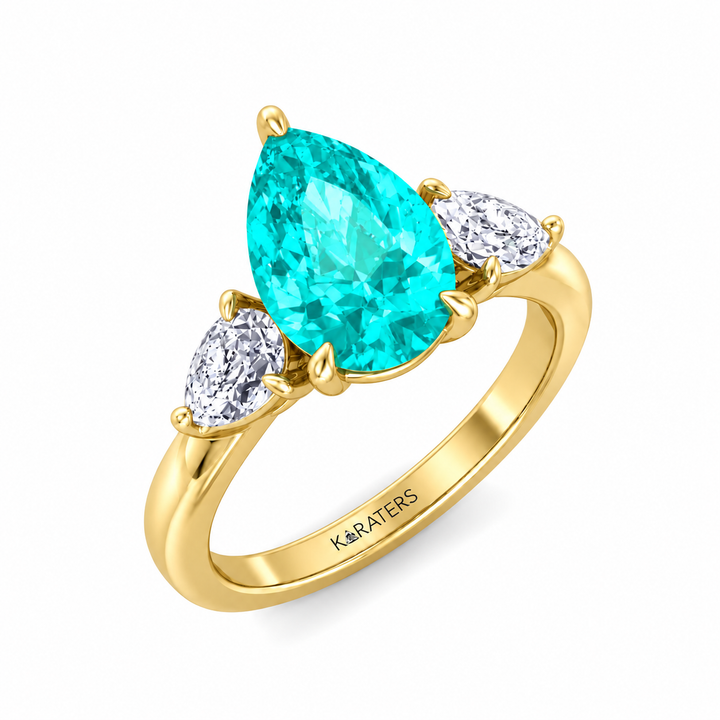 Pear Shape Paraiba Tourmaline Lab Grown Diamond Engagement Ring with Pear Sidestones YG