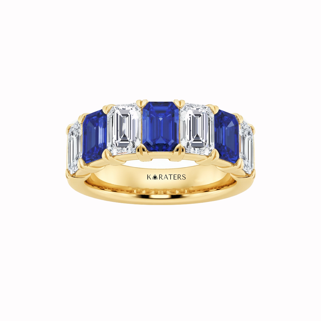 Yellow Gold Emerald Cut Lab Grown Blue Sapphire and Diamonds Eternity Band Front View