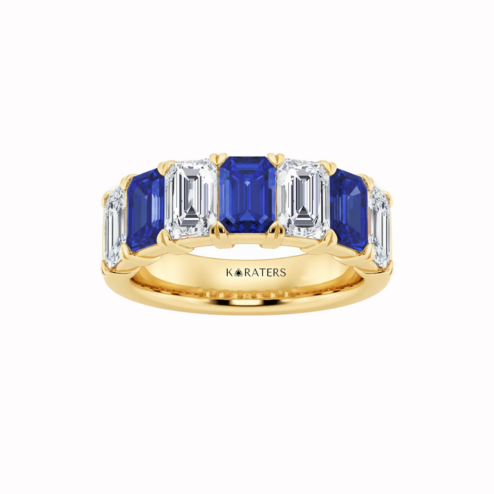 Yellow Gold Emerald Cut Lab Grown Blue Sapphire and Diamonds Eternity Band Front View