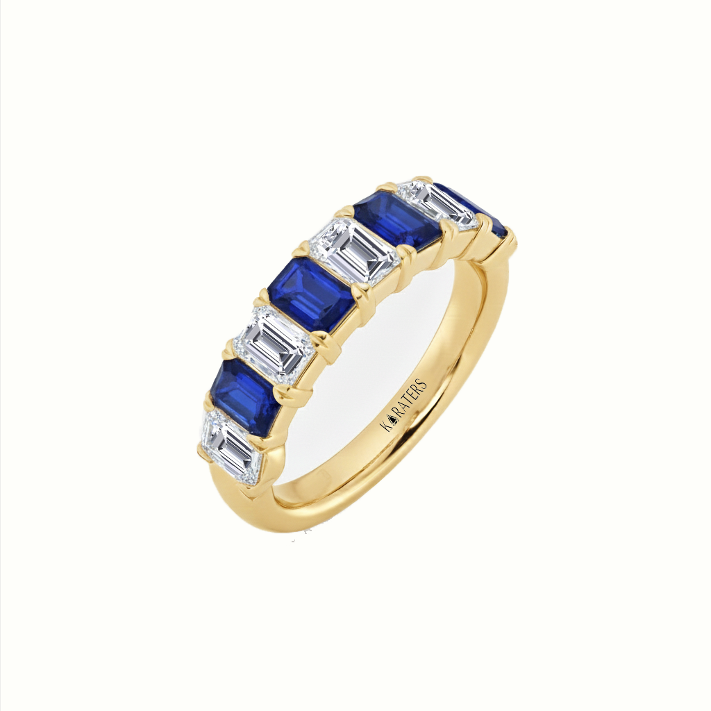 Yellow Gold Emerald Cut Lab Grown Blue Sapphire and Diamonds Eternity Band Side View