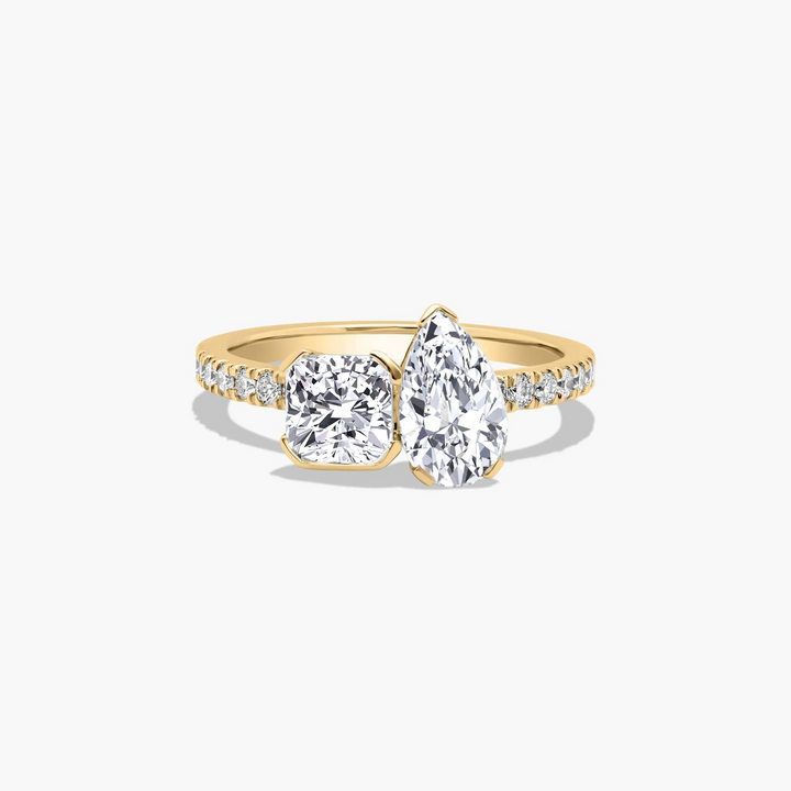 Yellow Gold Cushion & Pear Shape Lab Grown Diamond Engagement Ring front view