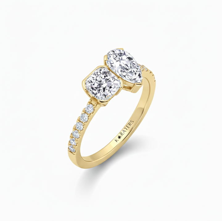 Yellow Gold Cushion & Pear Shape Lab Grown Diamond Engagement Ring side view