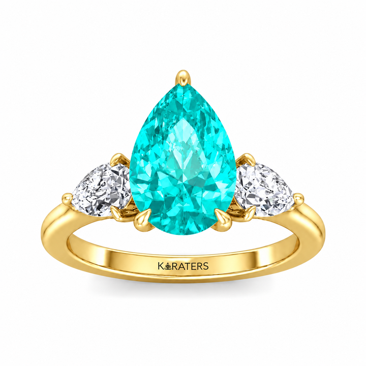 Pear Shape Paraiba Tourmaline Lab Grown Diamond Engagement Ring with Pear Sidestones YG2