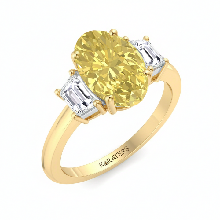 Yellow Oval Lab Grown Diamond with Trapizoid Side Stone Engagement Ring Yellow Gold side view