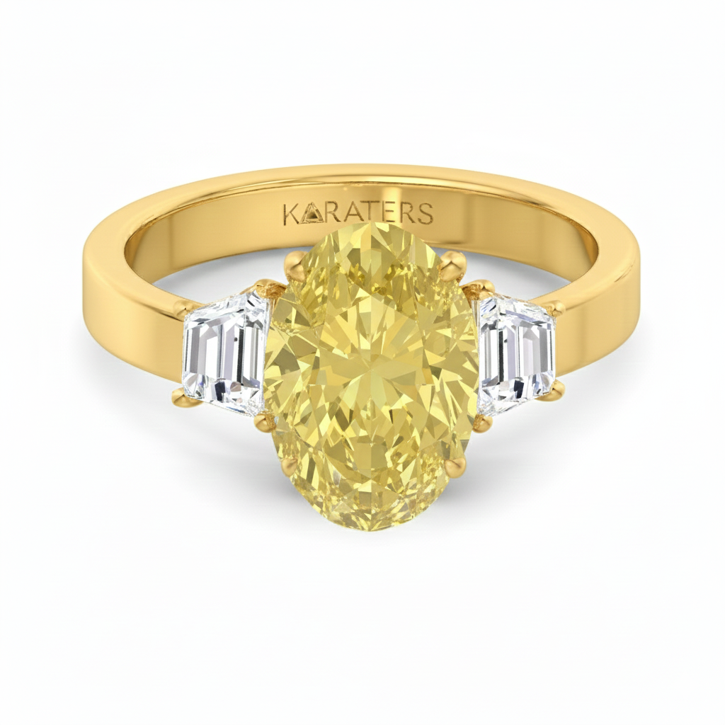 Yellow Oval Lab Grown Diamond with Trapizoid Side Stone Engagement Ring Yellow Gold Front view