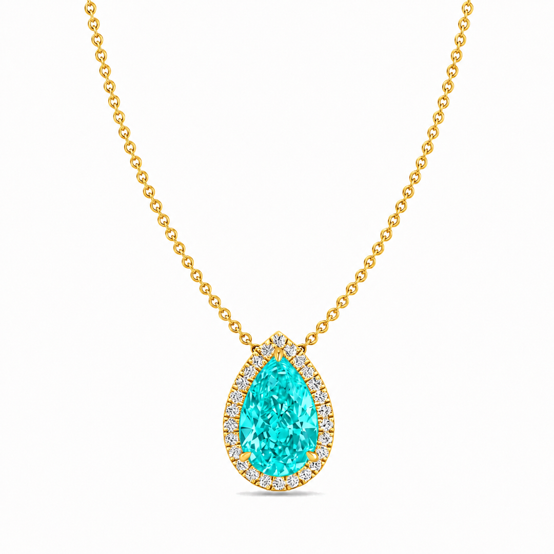 Pear Shape Halo Paraiba Tourmaline Lab Grown Diamond Pendant Gold
