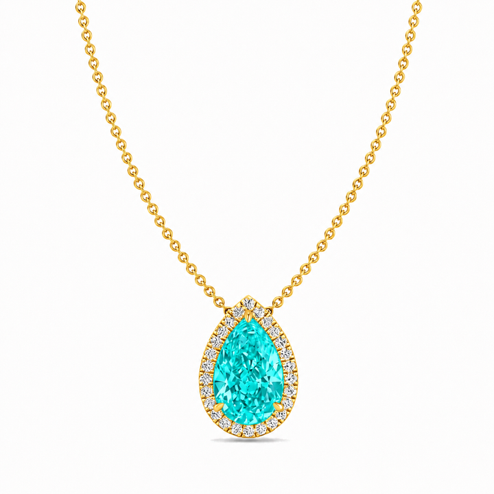 Pear Shape Halo Paraiba Tourmaline Lab Grown Diamond Pendant Gold