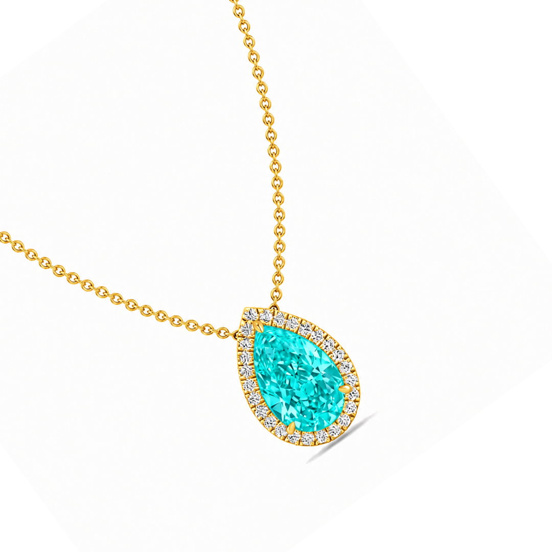 Pear Shape Halo Paraiba Tourmaline Lab Grown Diamond Pendant Gold 2